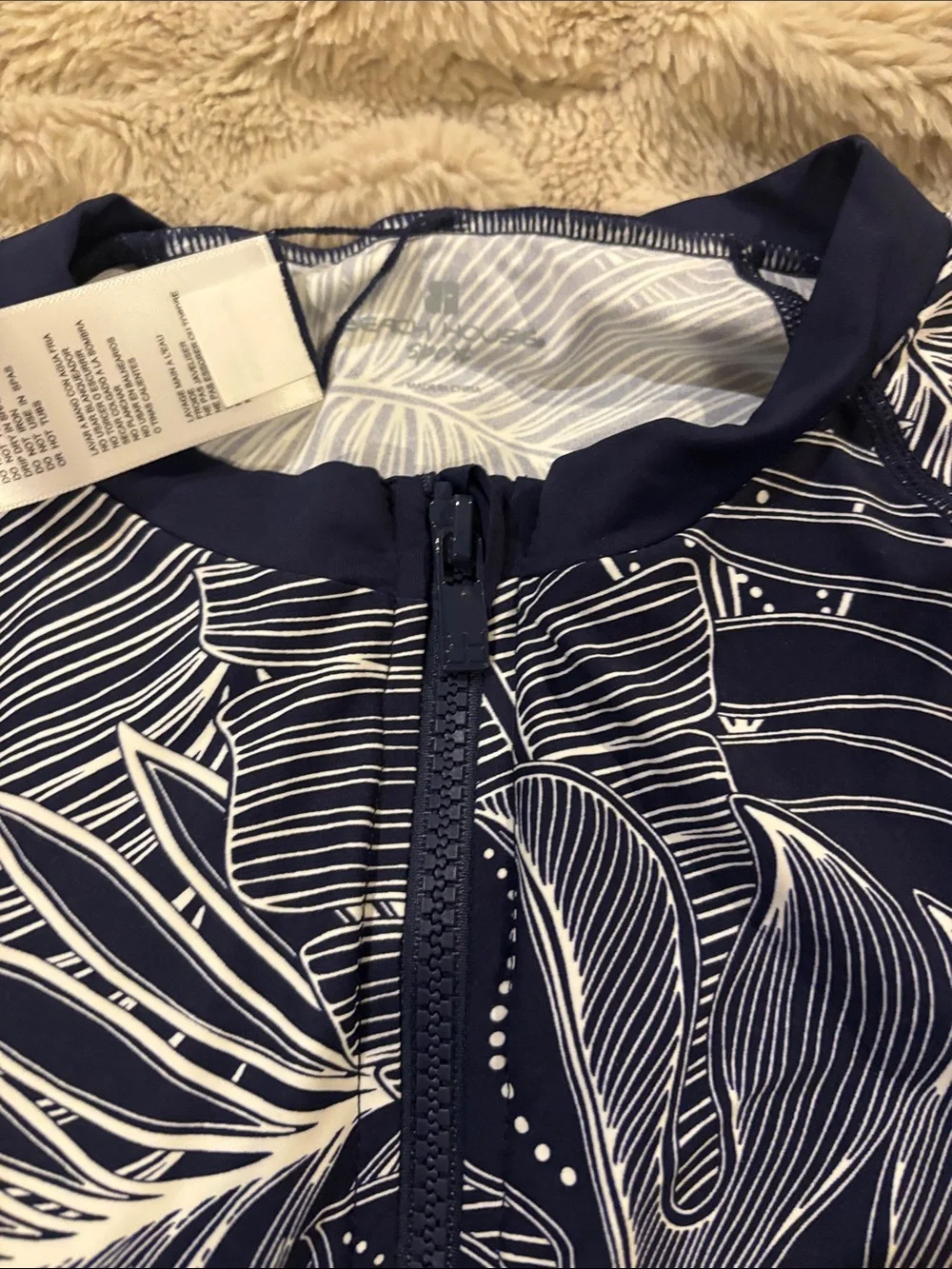 Beach House Navy & White Tropical Leaf Zip Rash Guard